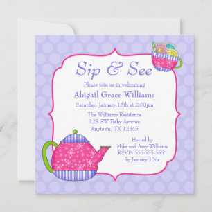 Blume Tea Cups Lila Polka Dot Sip, siehe Einladung