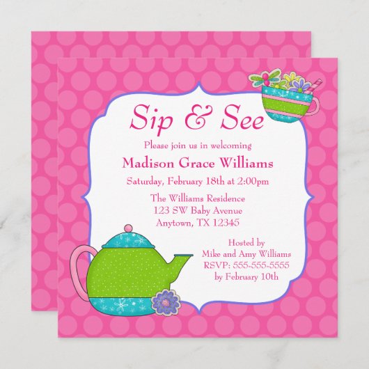 Blume Tea Cups Pink Polka Dot Sip, siehe Einladung (Vorne/Hinten)