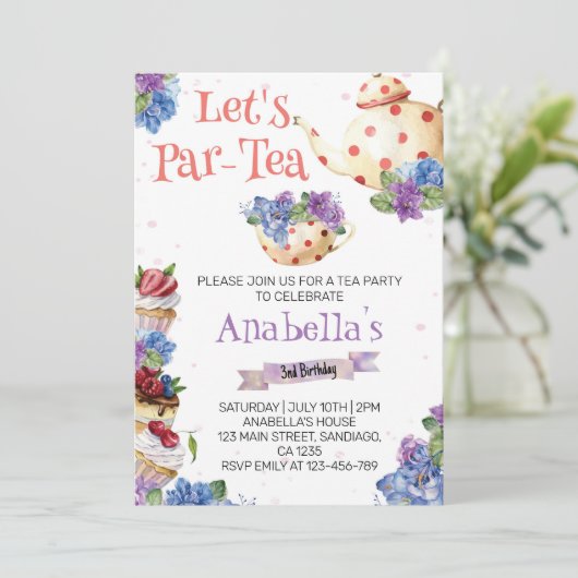 Blume Tea Geburtstagsparty Einladung (Stehend Vorderseite)