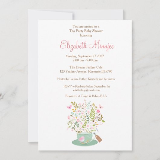 Blume Tee Party Baby Dusche Einladung rosa Farbe (Vorderseite)