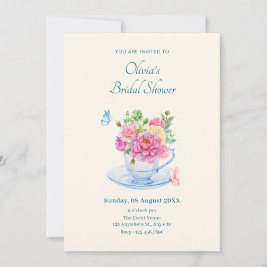 Blume Teetasse Brautparty Einladung (Vorderseite)