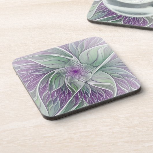 Blume Traum, Abstraktes Lila Grünes Fraktal Kunst Getränkeuntersetzer (Linke Seite)