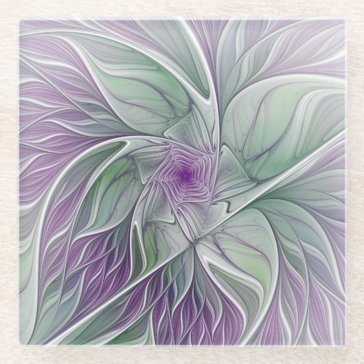 Blume Traum, Abstraktes Lila Grünes Fraktal Kunst Glasuntersetzer (Vorderseite)