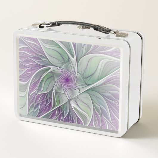 Blume Traum, Abstraktes Lila Grünes Fraktal Kunst Metall Lunch Box (Rückseite)