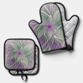 Blume Traum, Abstraktes Lila Grünes Fraktal Kunst Ofenhandschuh & Topflappen-Set (Vorderseite/Rückseite)