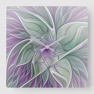 Blume Traum, Abstraktes Lila Grünes Fraktal Kunst Quadratische Wanduhr