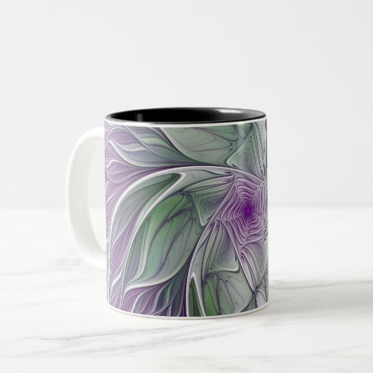 Blume Traum, Abstraktes Lila Grünes Fraktal Kunst Zweifarbige Tasse (Vorderseite Links)