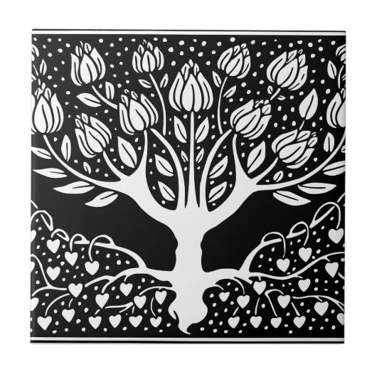 Blume Tree Black & White Beardsley Hearts Fliese (Vorderseite)