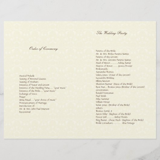 Blume Tree Wedding Program sublte Damask (Rückseite)