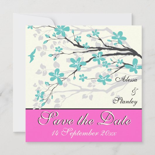 Blume türkis, heiß rosa Hochzeit Save the Date Einladung (Vorderseite)