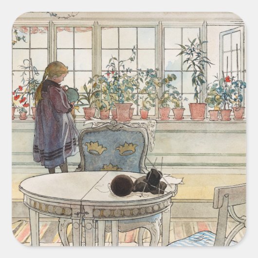 Blume über das Windows, 1895 von Carl Larsson Quadratischer Aufkleber (Vorderseite)
