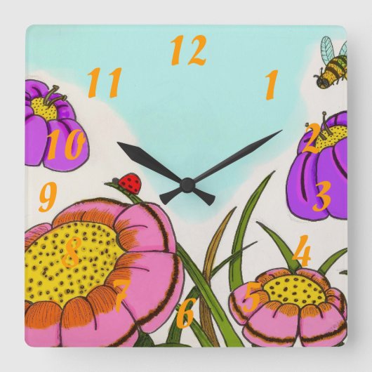 Blume-Uhr Quadratische Wanduhr (Vorderseite)