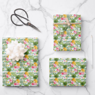 Blume und Ananas Aquamarin Streifen Geschenkpapier Set