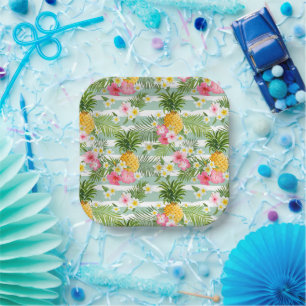 Blume und Ananas Aquamarin Streifen Pappteller