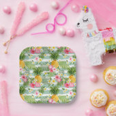 Blume und Ananas Aquamarin Streifen Pappteller (Party)