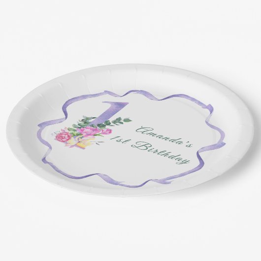 Blume und Band Erster Geburtstag Pappteller (Schrägansicht)