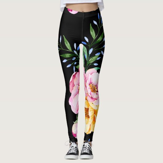 Blume und Blattdesign auf schwarz Leggings (Vorderseite)