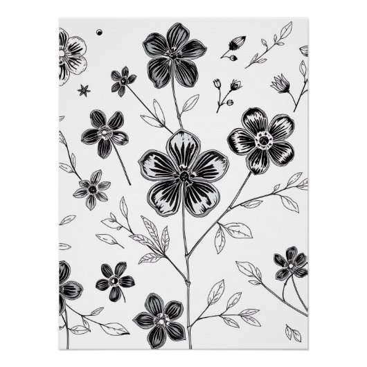 Blume und Blätter mit feiner Linie Poster (Vorderseite)