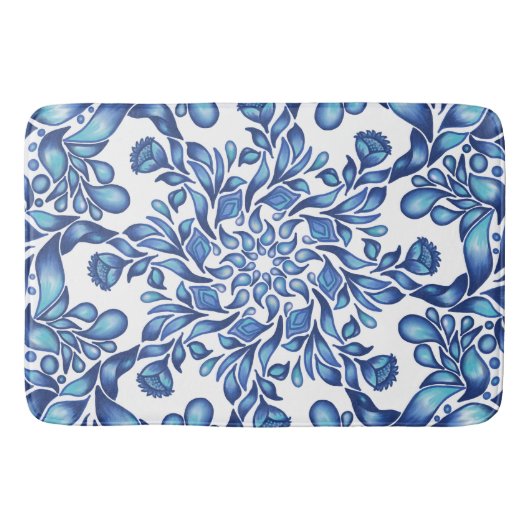 Blume und Blattmandala in der Blues Badematte (Vorderseite)
