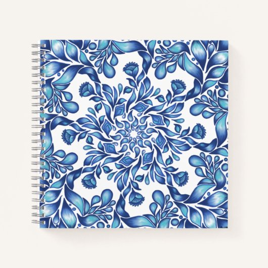 Blume und Blattmandala in der Blues Notizblock (Vorderseite)