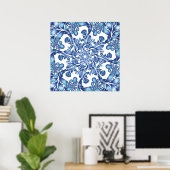 Blume und Blattmandala in der Blues Poster (Heimbüro)