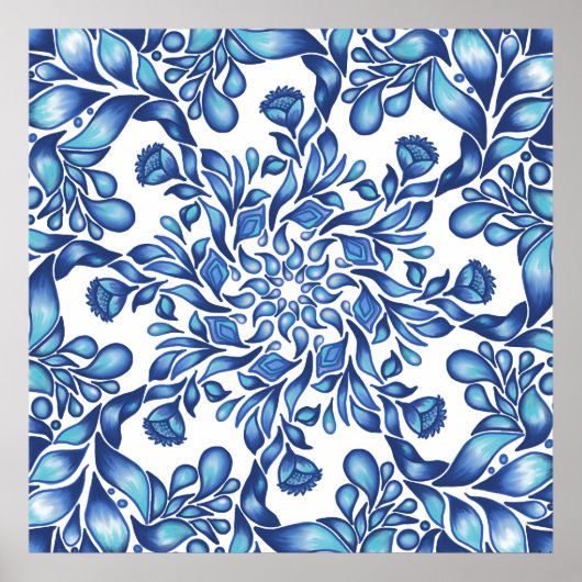 Blume und Blattmandala in der Blues Poster (Vorne)