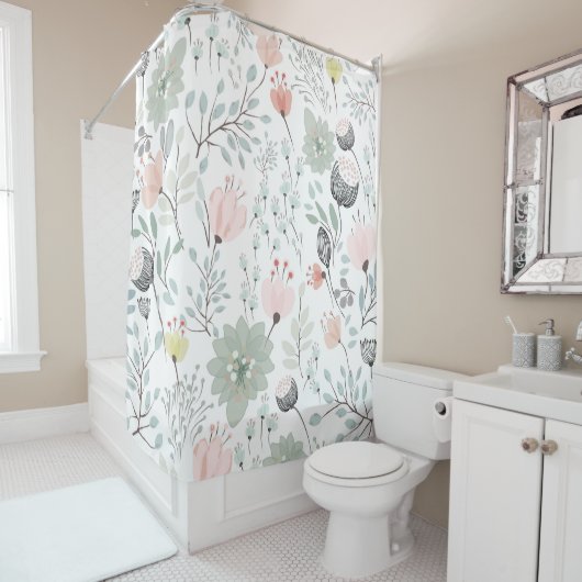 Blume und Blattmuster in tropischem Grün und Rosa Duschvorhang (Beispiel)