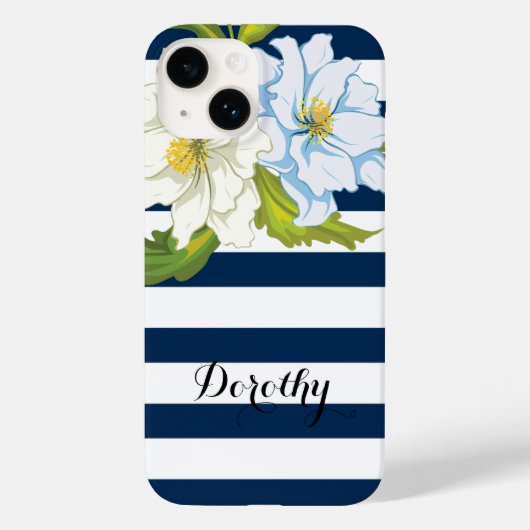 Blume und blaue, weiße Streifen moderne Blumen Case-Mate iPhone Hülle (Rückseite)
