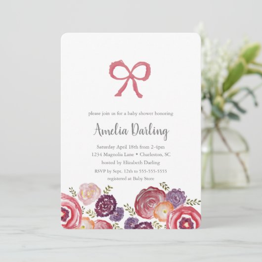 Blume und Bows Kinderdusche Einladung (Stehend Vorderseite)