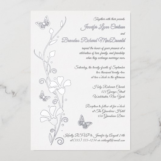 Blume und Butterfliegen, Hochzeitsfeiern Folieneinladung (Vorderseite)