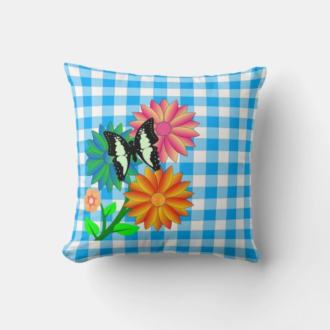 Blume und Butterfly Blue Vichy Pillow Kissen (Vorderseite)