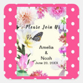 Blume- und Butterfly-Hochzeit Quadratischer Aufkleber (Vorderseite)