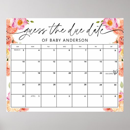 Blume und Citrus Baby Dusche Fälligkeitsdatum Poster (Vorne)