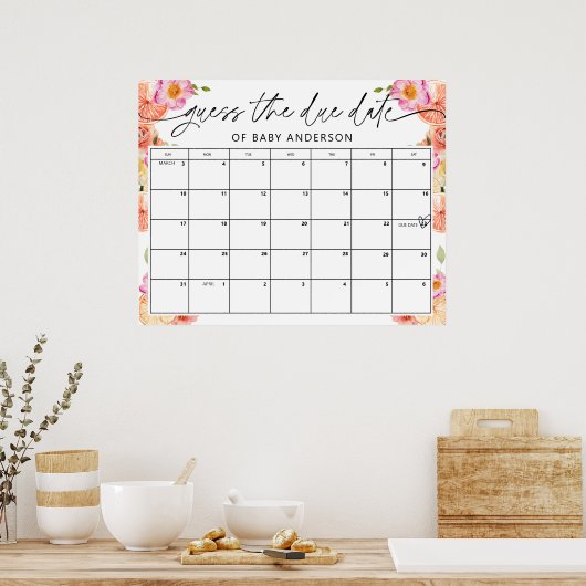 Blume und Citrus Baby Dusche Fälligkeitsdatum Poster (Küche)