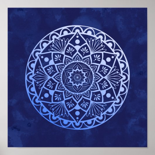 Blume und Dots Mandala - Blauer Farbdruck Poster (Vorne)