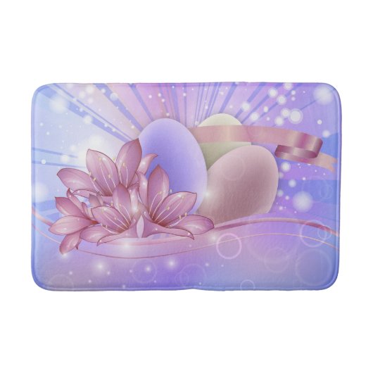 Blume und Eier auf farbenfrohen pastellfarbenen Un Badematte (Vorderseite)