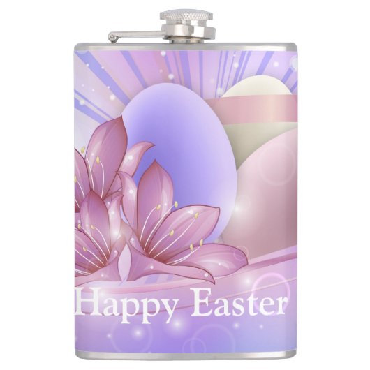 Blume und Eier auf farbenfrohen pastellfarbenen Un Flachmann (Vorderseite)