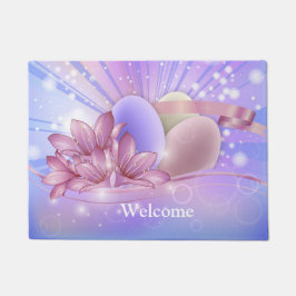 Blume und Eier auf farbenfrohen pastellfarbenen Un Fußmatte
