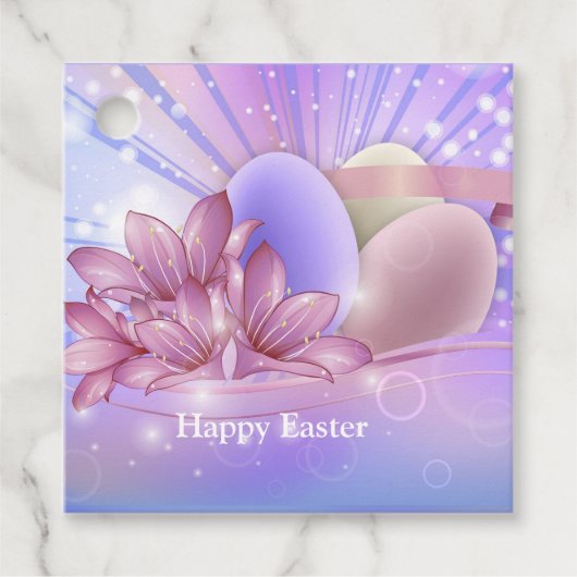 Blume und Eier auf farbenfrohen pastellfarbenen Un Geschenkanhänger (Vorderseite)