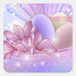 Blume und Eier auf farbenfrohen pastellfarbenen Un Quadratischer Aufkleber