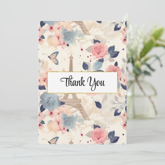 Blume und Eiffelturm im Pariser Muster Dankeskarte (Stehend Vorderseite)