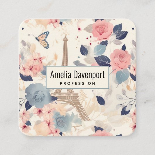 Blume und Eiffelturm im Pariser Muster Quadratische Visitenkarte (Vorderseite)