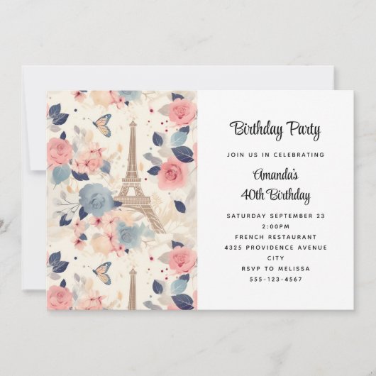 Blume und Eiffelturm Paris Muster Geburtstag Einladung (Vorderseite)