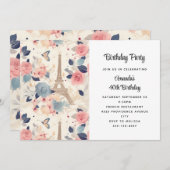 Blume und Eiffelturm Paris Muster Geburtstag Einladung (Vorne/Hinten)