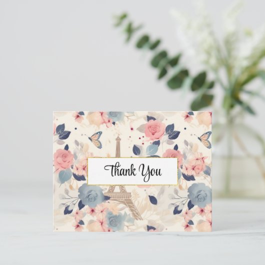 Blume und Eiffelturm Paris Muster Vielen Dank Postkarte (Stehend Vorderseite)