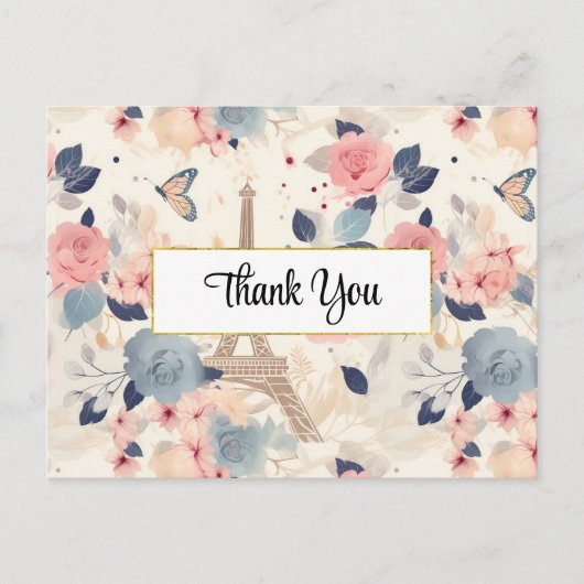 Blume und Eiffelturm Paris Muster Vielen Dank Postkarte (Vorderseite)