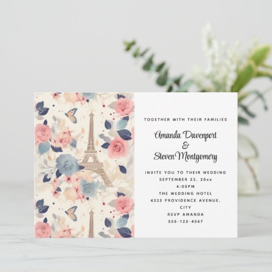 Blume und Eiffelturm Paris Pattern Wedding Einladung (Stehend Vorderseite)