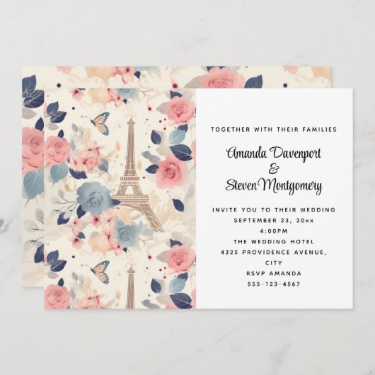 Blume und Eiffelturm Paris Pattern Wedding Einladung (Vorne/Hinten)