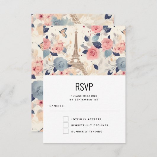Blume und Eiffelturm Paris Pattern Wedding RSVP Karte (Vorne/Hinten)
