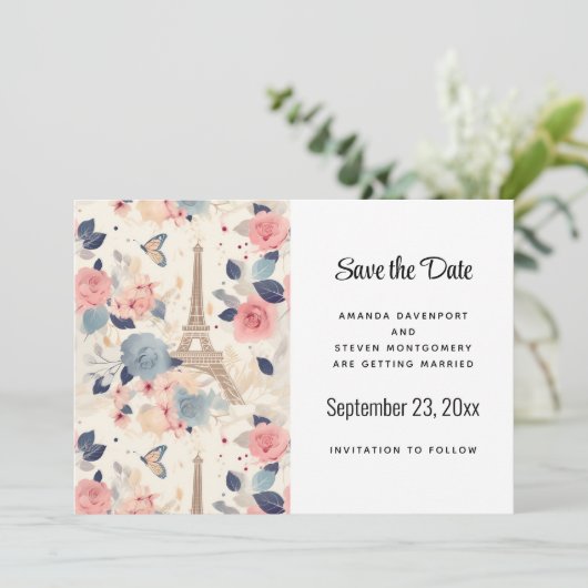 Blume und Eiffelturm Paris Pattern Wedding Save The Date (Stehend Vorderseite)